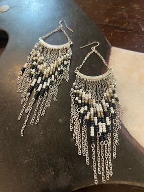 Black, White & Gold Beaded Fringe Dangle Earrings